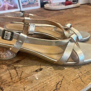 ANTHROPOLOGIE slver gold sandals shoes solaudos 8 RTL $158 EUC leather